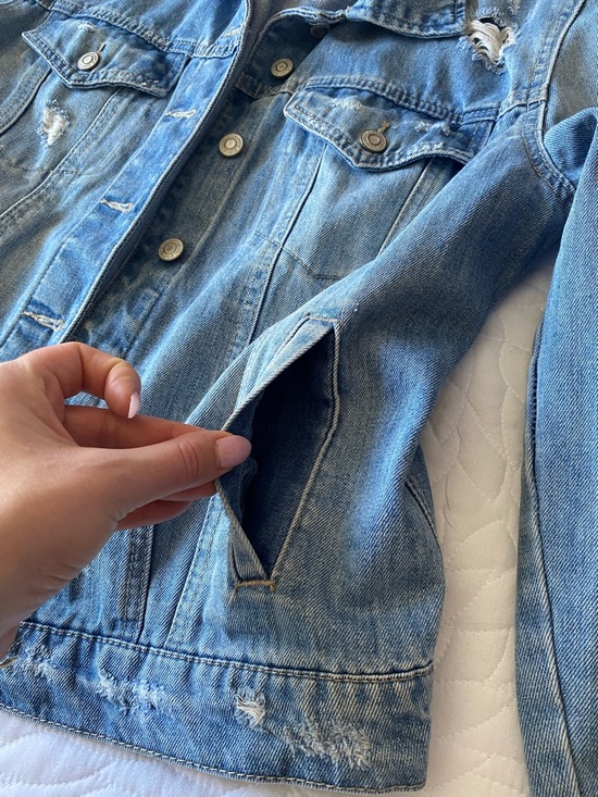 Kensie Light Blue Distressed Denim Jacket - Picture 4 of 7